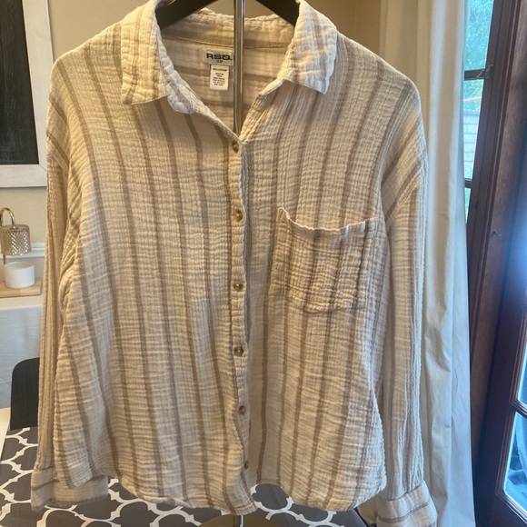 RSQ Beige Striped Button Down Shirt - Picture 3 of 9